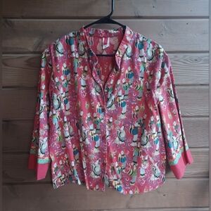 Y2K Josie Red SE Asian Theme Print Button Down Top, Medium